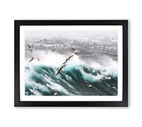 Seagulls Above The Ocean Modern Art Framed Print | A4 Black Framed Wall Art | Ready to Hang | Modern Animal Picture | Living Room Bedroom Lounge Office