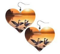 Seagulls by the lake in the sunset Leather Earrings for Women Heart Dangle Earrings Lightweight Drop Earring Jewelry Gift