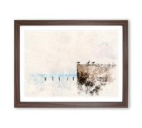 Seagulls By The Sea Watercolour Modern Framed Print | A2 Walnut Framed Wall Art | Ready to Hang | Modern Animal Picture | Living Room Bedroom Lounge Office