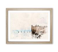 Seagulls By The Sea Watercolour Modern Framed Print | A3 Oak Framed Wall Art | Ready to Hang | Modern Animal Picture | Living Room Bedroom Lounge Office