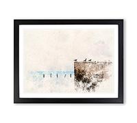 Seagulls By The Sea Watercolour Modern Framed Print | A4 Black Framed Wall Art | Ready to Hang | Modern Animal Picture | Living Room Bedroom Lounge Office