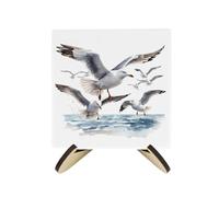 Seagulls Ceramic Coaster Set - Coastal Bird Seaside Square Set of Four (4) Coasters Gift & Wood-Effect Coaster Stand