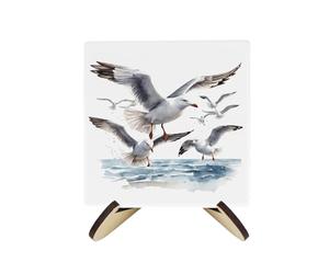 Seagulls Ceramic Coaster Set - Coastal Bird Seaside Square Set of Four (4) Coasters Gift & Wood-Effect Coaster Stand