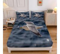 Seagulls Double Fitted Sheet Dark Blue 3D Printed Bedding Double Bed Set Soft Microfibre Fitted Sheet Deep Pocket 12-inch, Bed Cover 135x190x30cm with 2 Pillowcase sd2210