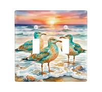 Seagulls Double Light Switch Cover Plate, Coastal Watercolor Ocean Sunset Summer Blue Plastic Standard Size Switch Plate Decorative for Living Room Bedroom Home Office Decor
