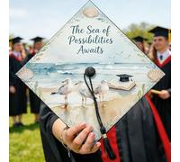 Seagulls Graduation Cap Topper, Coastal Watercolor Shell Book Summer Blue Class of 2026 Grad Cap Decorations Graduation Party Favors for Photoshoot Souvenir Event 9.5x9.5 Inch
