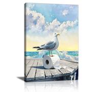 Seagulls on Toilet Paper Framed Canvas Wall Art Print Blue Seaside Landscape Wall Decor Funny Animal Canva Painting Humor Amusing Pictures for Bedroom Walls Home Decor for Bathroom Living Room 40X60cm