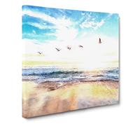 Seagulls Over a Beach in San Diego Canvas Print | Gallery Wrapped 30mm Frame Wall Art | 14x14 inches | Ready to Hang | Abstract Seascape Picture | Living Room Bedroom Lounge Office