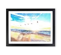 Seagulls Over A Beach In San Diego Painting Modern Art Framed Wall Art Print, Ready to Hang Picture for Living Room Bedroom Home Office Décor, Black A3 (46 x 34 cm)