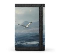 Seagulls1 Flying Over Ocean Sailboats Tri-fold Leather Wallet for Men with Slim Wallets for Men with 1 ID and 8 Slots