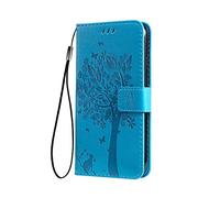 SEAHAI Case for OPPO A40 4G / OPPO A40M / OPPO A60 5G Wallet Case, Pretty Embossed Leaves and Cat Pattern Premium PU Leather Book Style Flip Cover Shockproof Case, Blue
