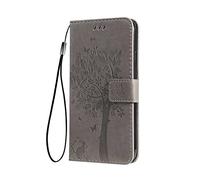 SEAHAI Case for OPPO A40 4G / OPPO A40M / OPPO A60 5G Wallet Case, Pretty Embossed Leaves and Cat Pattern Premium PU Leather Book Style Flip Cover Shockproof Case, Gray