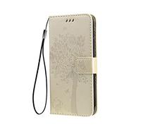SEAHAI Case for OPPO A40 4G / OPPO A40M / OPPO A60 5G Wallet Case, Pretty Embossed Leaves and Cat Pattern Premium PU Leather Book Style Flip Cover Shockproof Case, Gold