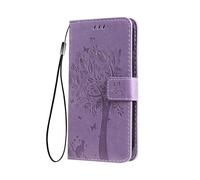 SEAHAI Case for OPPO A5 Pro 5G/4G Wallet Case, Pretty Embossed Leaves and Cat Pattern Premium PU Leather Book Style Flip Cover Shockproof Case, Lavender