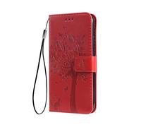 SEAHAI Case for OPPO A5 Pro 5G/4G Wallet Case, Pretty Embossed Leaves and Cat Pattern Premium PU Leather Book Style Flip Cover Shockproof Case, Red