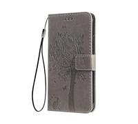 SEAHAI Case for OPPO A5M / OPPO A5 5G/4G Wallet Case, Pretty Embossed Leaves and Cat Pattern Premium PU Leather Book Style Flip Cover Shockproof Case, Gray