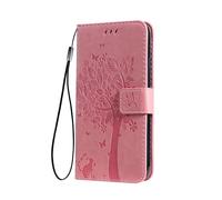SEAHAI Case for Xiaomi Redmi A5 4G Wallet Case, Pretty Embossed Leaves and Cat Pattern Premium PU Leather Book Style Flip Cover Shockproof Case, Pink
