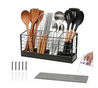 Seahelms Extra Large Kitchen Utensil Holder with Diatomaceous Earth Base 4 Compartments Matte Black Cooking Utensil Organizer for Countertop Metal Cutlery Holder Drainer