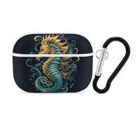Seahorse Blue Pattern AirPods Pro 2 Case Cover, Shockproof Hard Shell Protective Case for Women Men, Compatible with Airpod Pro Case 2nd/1st Generation with Keychain-White