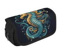 Seahorse Blue Pattern Pencil Case Organizer Large Capacity Cute Pen Pouch with 3 Compartment Office Stationery Large Pencil Bags with Zipper Fabric Pen Bag for Adults Portable Makeup Bag (Black)