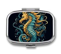 Seahorse Blue Pattern Pill Box 2 Compartment Portable Pill Case Daily Square Pill Organizer for Pocket Purse Daily Medicine Container to Hold Vitamins Fish Oil Travel Gifts