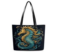 Seahorse Blue Pattern Tote Bag Large Soft Leather Purse with Zipper Lightweight Ladies Shoulder Handbag