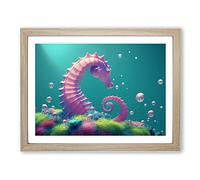 Seahorse Bubbles Framed Print | A4 Oak Framed Wall Art | Ready to Hang | Modern Animal Picture | Living Room Bedroom Lounge Office