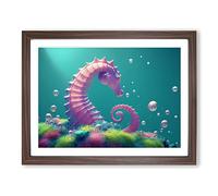 Seahorse Bubbles Framed Print | A4 Walnut Framed Wall Art | Ready to Hang | Modern Animal Picture | Living Room Bedroom Lounge Office