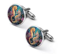 Seahorse Coral Sea Plants Round Cufflinks for Men Classic Cuff Links Jewellery for Wedding Business Party
