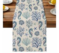 Seahorse Coral Starfish Table Runner, Coastal Boho Nautical Blue Beige Marine Life Cotton and Table Linen Runner for Kitchen Dining Home Decor for Party Festival Holiday Decoration Gift 13x36in