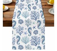 Seahorse Coral Starfish Table Runner, Coastal Boho Nautical Blue White Marine Life Cotton and Table Linen Runner for Kitchen Dining Home Decor for Party Festival Holiday Decoration Gift 13x120in