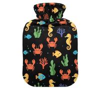 Seahorse Crab Fish Black Hot Water Bottle with Cover for Pain Relief Bed Warmer for Menstrual Cramps, 1L