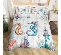 Seahorse Duvet Cover Sets Double Size,Sea Lighthouse Bedding Set 3Pcs for Kids Girls Boys Teens Room Decor,Ocean Life Animals Comforter Cover Nautical Map Quilt Cover,2 Pillowcases