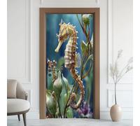 Seahorse Greenery Door Stickers Peel and Stick Marine Life Sticker Door Wallpaper, DIY Self-Adhesive Decoration Plants Leaves Stickers, Waterproof Removable Vinyl Door Mural, 80x215 cm