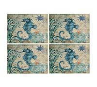 Seahorse Placemats Set of 4 Beach Ocean Animals Theme Place Mats Waterproof Heat Resistant Washable Non-Slip Table Mats for Dinner Room Kitchen Decor Table 12”×16”