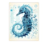 Seahorse Robot Hybrid Schematic Blueprint Futuristic Secret Complex Arcane Manuscript Gift For Him Man Cave Unframed Wall Art Print Poster Home Decor Artery8 Multi W24 inch x H32 inch