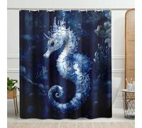 Seahorse Shower Curtain, Blue Nautical Mermaid Shower Curtain for Bathroom Decor, Spring Summer Coastal Ocean Style Waterproof Fabric Shower Curtain Set with Hooks 72x72 Inch