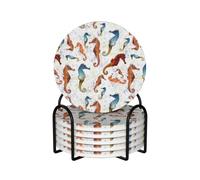 Seahorses Ballet White Animals Nautical,Round Ceramic Coasters, Mugs Pad, Cups Mat Set of 6 Drinks Coasters With Holder
