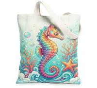 Seahorses Canvas Tote Bag for Women, Ocean Vibrant Coral Starfish Summer Turquoise Washable Reusable Small Tote Bags Ideas, Turquoise, 13x15 Inch