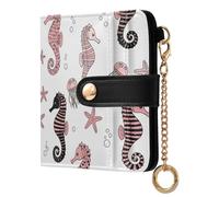 Seahorses Jellyfish White Pattern Small Women Wallet RFID Blocking Leather Bifold Compact Card Holder with Coin Pocket Zipper Purse for Women Girls Ladies