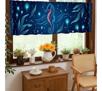 Seahorses Kitchen Curtains, Ocean Coastal Coral Shell Summer Blue Rod Pocket Window Valance for Small Rv Sink Area Narrow Window 18x52 Inch
