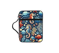 Seahorses-Sea-Fish-Starfish Bible Cover Case with Handle, Water-Resistant Oxford Fabric Bible Bag Organizer with Zipper Pockets for Church