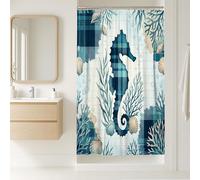 Seahorses Stall Shower Curtain, Coastal Nautical Coral Shell Summer Teal Polyester Waterproof Clawfoot Tub Shower Curtains Decor for Toile Bathroom Dorm 36x72 Inch