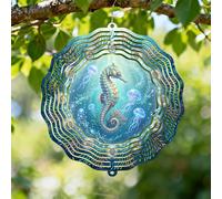 Seahorses Wind Spinner, Ocean Fanciful Jellyfish Coral Summer Blue Metal Kinetic Wind Sculptures Outdoor Ornaments for Garden Yard Patio Lawn Party Decor 12 Inch
