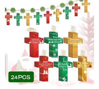 SEAHUI 24PCS Christmas Wooden Cross Hanging Decorations Christmas Tree Pendant Ornaments Baubles Nativity Scene Christian Cross Home Hanging Decor for Christmas Tree Wall Xmas Party Decoration