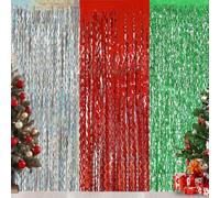 SEAHUI 3pcs 2x1m Glitter Christmas Tinsel Foil Curtain Shimmer Silver Green Red Wave Fringe Streamers Door Backdrop for Wedding Birthday Xmas Party Decoration Props