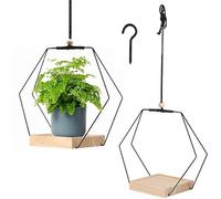 SEAHUI Hanging Plant Pot Holder, Wooden Base Ceiling Hanging Plant Basket Holder with Hooks, Plant Pot Hangers for Indoor Outdoor Home Decoration (Hexagonal)