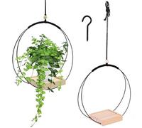 SEAHUI Hanging Plant Pot Holder, Wooden Base Ceiling Hanging Plant Basket Holder with Hooks, Plant Pot Hangers for Indoor Outdoor Home Decoration (Round)