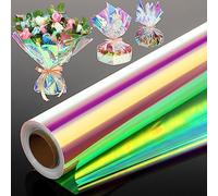 Seajan 32 in x 200 ft Iridescent Cellophane Wrap Rainbow Wrapping Paper Iridescent Cellophane Roll Colored Cello Wrap Holographic Iridescent Film for Gift Flower Baskets Wrap DIY Bouquet Wrapping