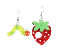 Seakuur Acrylic Caterpillar Eating Strawberry Cherry Dangle Earrings for Women Asymmetrical Cute Fun Fruit Animal Earrings Food Insect Theme Novelty Jewelry, L, Acrylic, No Gemstone
